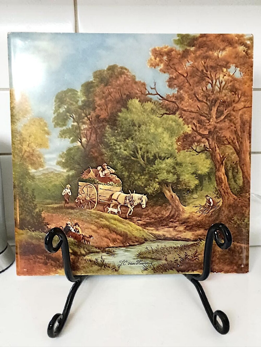 JC Van Hunnik Dutch Tile‎ Vintage Decorative Farmhouse Scene Horse & Cart Rustic